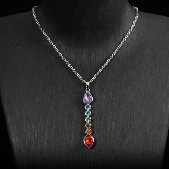 Seven Chakra Color Austrian Crystal Necklace and Earrings in Silvertone - Picture 2 of 4